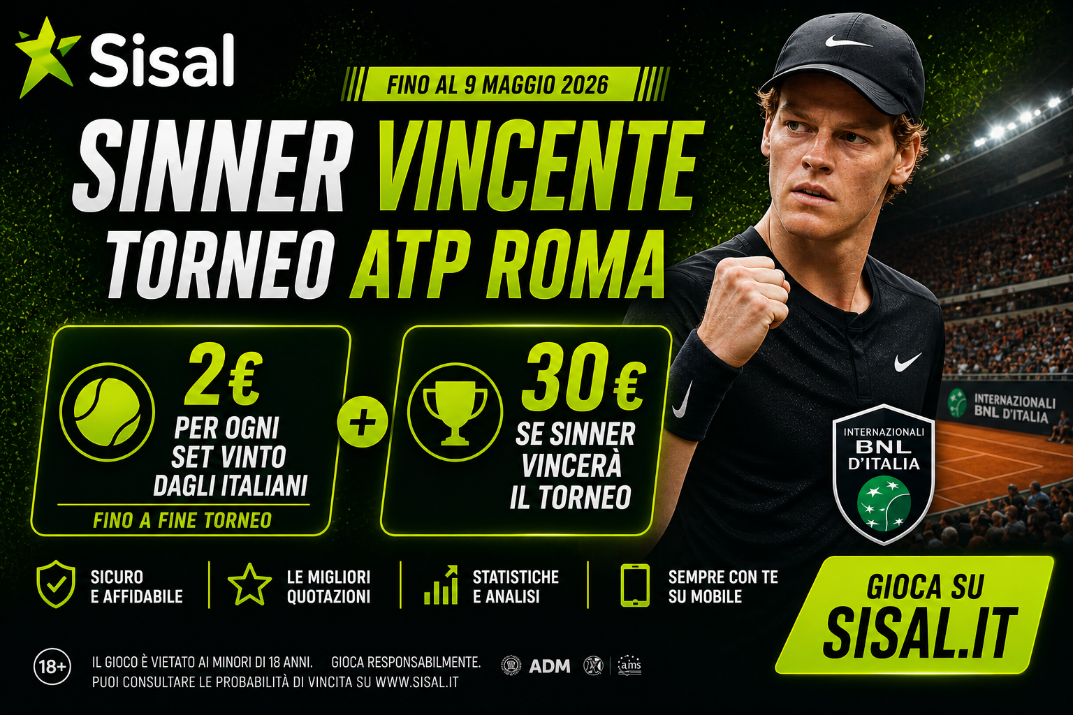 Quota Maggiorata Sisal Sinner vincente Atp Roma 09 maggio 2026