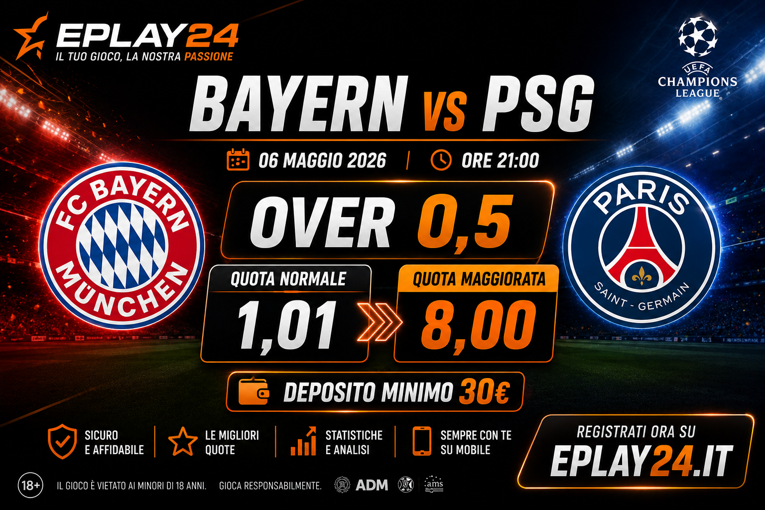 Quota Maggiorata Eplay24 Bayern PSG 06 maggio 2026