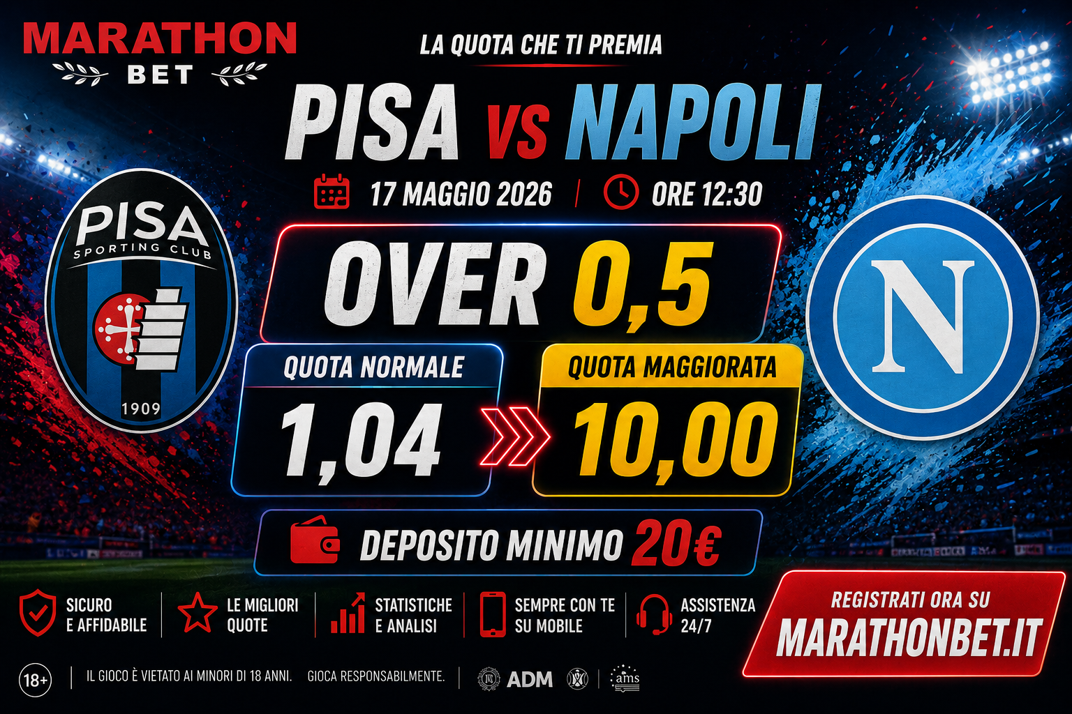 Quota Maggiorata MarathonBet Pisa Napoli 17 maggio 2026