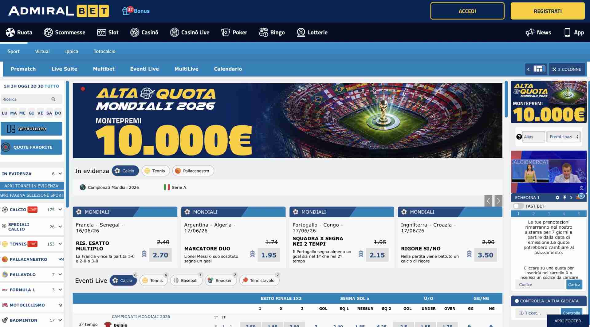 Bonus Benvenuto AdmiralBet Sport