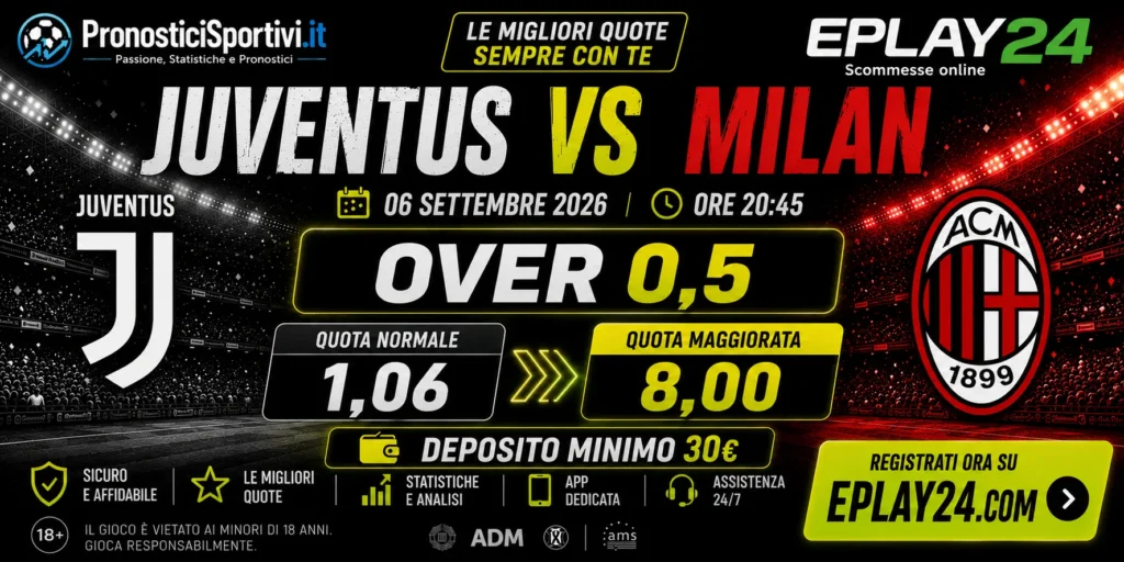 Quota Maggiorata Eplay24 Juventus Milan 6 settembre 2026